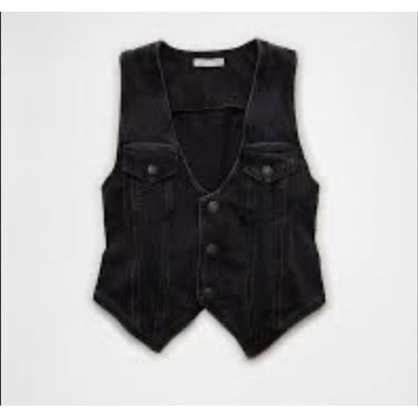 Nwt American Eagle Vest Sz Xxl Black Denim Western Women's Pointed Cinch Back